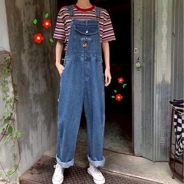 韓版chic泫雅風寬松顯瘦牛仔背帶褲夏季新款字母刺繡長褲女潮1入