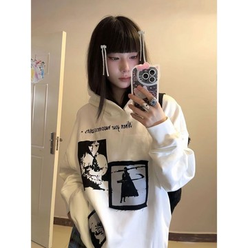 ♡ 𝑪𝒉𝒊𝒄 𝒖 ♡白色百搭美式復古連帽衛衣女秋冬加絨加厚上衣高街運動情侶外套潮