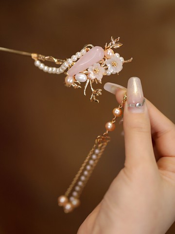 樂天精選~古風旗袍發簪原創小眾設計粉晶珍珠盤發釵長簪可拆卸流蘇步搖發飾 雙11全館免運