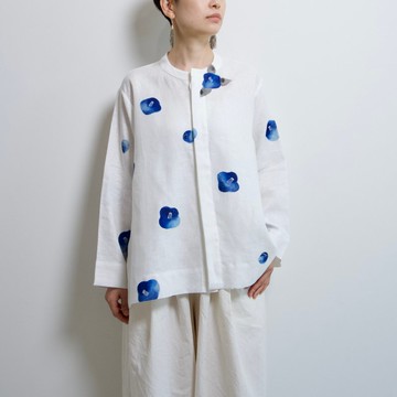 隱藏式門襟無領襯衫・亞麻【手繪藍山茶花】