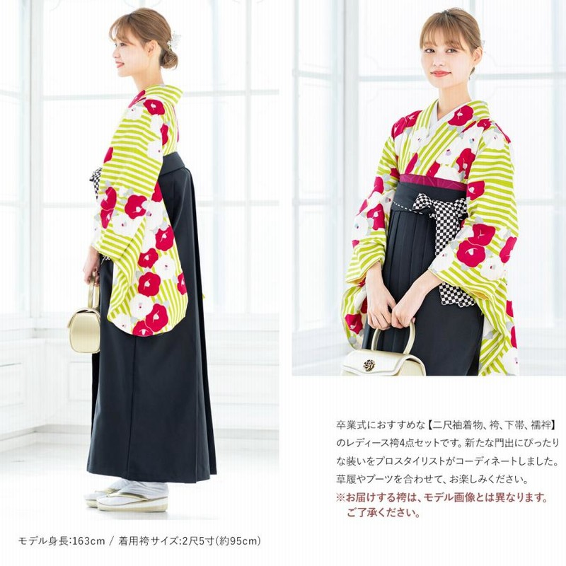 袴用二尺袖着物 黄緑色系 赤紫色 椿 縞 菊紗綾形 レトロモダン 小振袖