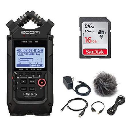 Zoom H4n Pro All Black 4-Track Portable Recorder (2020 Model) with Zoom AD-14 AC Adapter, Windscreen, 16GB Memory Card ＆ USB Cable Bundle