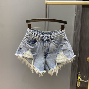 歐美辣妹高腰顯瘦流蘇毛邊破洞牛仔短褲女夏季a字闊腿褲寬松熱褲