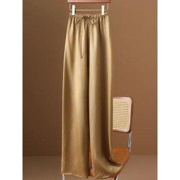 100%醋酸香云紗褶皺肌理感闊腿褲女春季輕薄冰感高級感彎刀遛彎褲