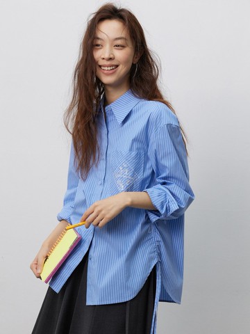 藍白條紋 藍色協奏曲 抽繩設計翻領襯衫上衣 抽繩設計襯衫
