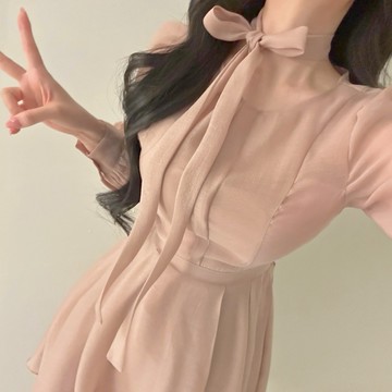 🇰🇷Korea韓國連線·正韓 領結澎袖雪紡短洋裝 連身裙 連身洋裝 雪紡洋裝 領結洋裝 公主袖傘襬洋裝 韓國女裝