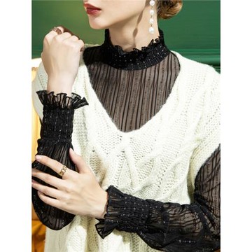 2025秋季新款立領蕾絲打底衫女亮絲修身女裝時尚燈籠袖洋氣上衣