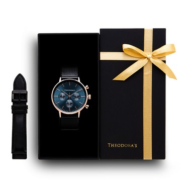 [情侶禮物/生日禮物]【Theodora's】限定禮盒｜Apollo腕錶+替換錶帶2入組-三眼湖水綠面-米蘭黑