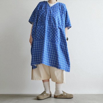 藍莓鬆餅格紋有機棉超寬版洋裝