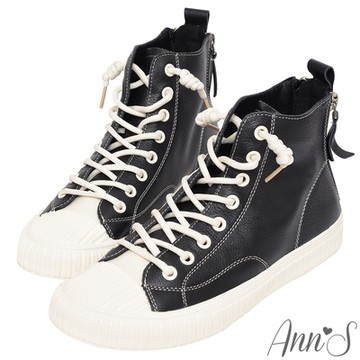 Ann’S免綁鞋帶!後跟拉鍊綁帶造型全真皮高筒休閒鞋-黑(版型偏小)