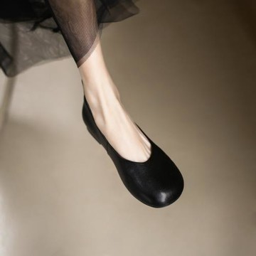 ROUJE NAIVE淺口單鞋女夏2024新款羊皮奶奶鞋百搭圓頭復古平底鞋