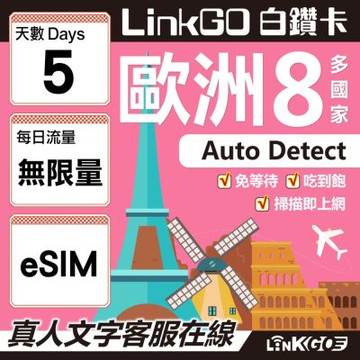 LINKGO白鑽卡 歐洲8國 eSIM卡 5天上網卡 無限流量吃到飽不降速 (歐洲網卡 法國 瑞典 奧地利 英國)