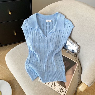 衣時尚 針織上衣 短袖T卹 毛線衣 小衫 新款法式復古polo領無袖針織衫背心修身上衣麻花體卹-5478.