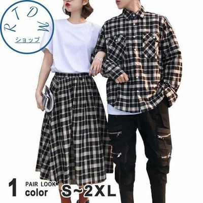 ペアルックカップル半袖tシャツロングスカートチェック柄長袖シャツホワイト白黒お揃い服春服メンズレディース綿 通販 Lineポイント最大get Lineショッピング