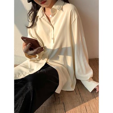 杏色防嗮襯衫女夏季大碼胖mm垂墜感絲滑襯衣上衣穿搭防曬外套上衣