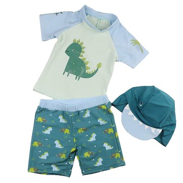 男童短袖分體泳衣套裝 - 上衣+泳褲+泳帽 2碼 綠底恐龍  綠底恐龍