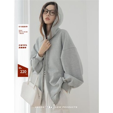VNOOK 雙面棉連帽衛衣女春秋24新款寬松廓型燙釘長袖開衫外套上衣