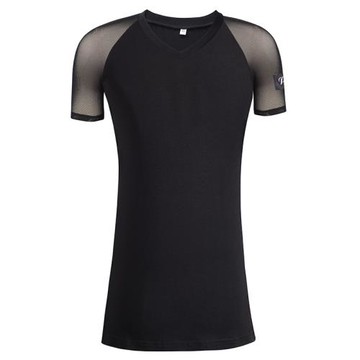 拉丁舞訓練服摩登舞練功服短袖T恤貼脖子小V領兩側開叉彈力上衣