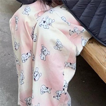 胖MM大碼300斤睡褲計感氣質滿印涂鴉高腰漸變色小狗印花家居褲