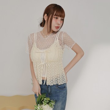 立體緹花綁帶細肩背心-杏【KT224538】