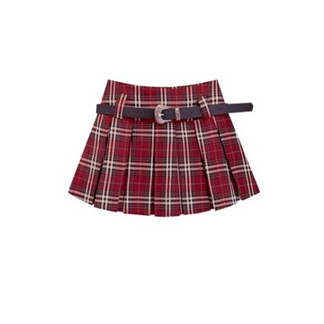 紅色格子百褶半身裙女秋小個子美式復古學院風a字高腰jk半裙短裙