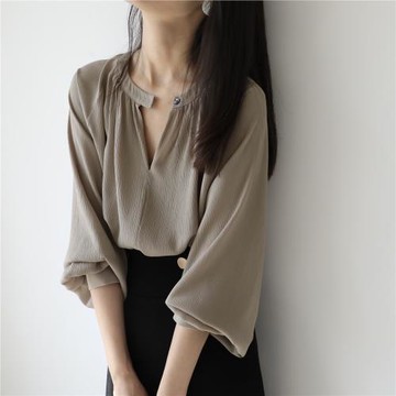 XINER 雪紡襯衫女設計感小眾燈籠袖小衫通勤2022年夏季薄款上衣