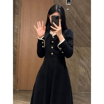 佰分佰/100kg內可穿/冬天洋裝/韓版/復古/赫本風/小黑裙/顯瘦/A字/中長裙/高級感/立領/連身裙/大尺碼