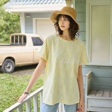 ILEY伊蕾 蕾絲圓領長版寬鬆短袖上衣(黃；M-XL)