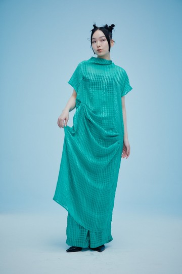 煩惱心綠色格子雪紡垂墜洋裝