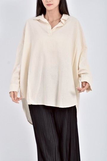 (F) samansa mos2棉質亞麻寬鬆杏色長袖上衣