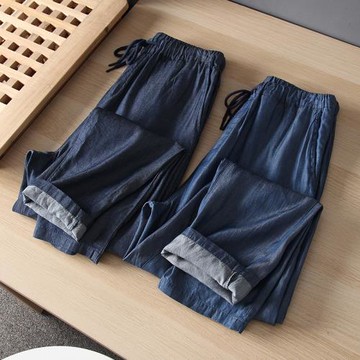 垂感十足！出口日單！夏季男士超薄透氣天絲牛仔褲寬松直筒抽繩潮