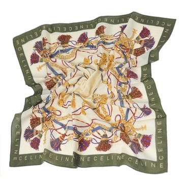 CELINE 繽紛皮穿鍊流蘇圖騰字母LOGO棉質大帕領巾(米色底/墨綠邊/58CM)