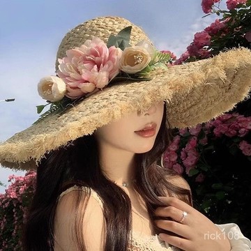 海邊度假🌟 法式花朵編織拉菲草帽女夏季大帽簷遮陽防曬帽海邊度假太陽帽子潮沙灘帽 防曬帽