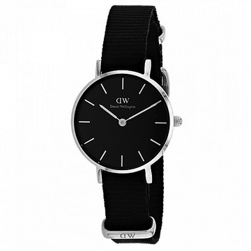 【Daniel Wellington】時尚康沃爾全黑NATO錶帶石英腕錶-銀框/28mm(DW00100248)