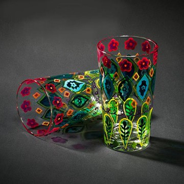 貝璃創意彩繪水杯子茶酒杯花色手工彩繪帶把個性家用耐熱玻璃杯