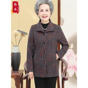 奶奶秋裝翻領外套毛呢子60歲70中老年媽媽秋冬加絨加厚老太太衣服