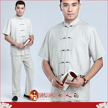 現貨L快速出貨｜中國風男士唐裝套裝｜灰色亞麻短袖上衣+長褲｜民族功夫漢服風｜雙極｜水水女人國