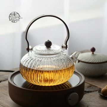 日式玻璃煮茶壺南瓜壺耐高溫帶過濾明火燒水提梁壺家用辦公室茶具