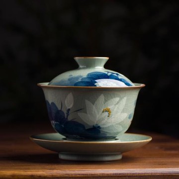 青花釉下彩手繪白荷花蓋碗全手工泡茶茶具景德鎮陶瓷單個高檔茶碗