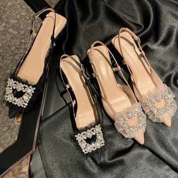 溫柔姐姐~2025年夏季新款水鉆方扣杏色高跟鞋尖頭細跟中跟女涼鞋