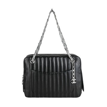 展示品CHANEL雙C墜飾LOGO直條紋絎縫小羊皮拉鍊鏈帶肩背子母包(黑)