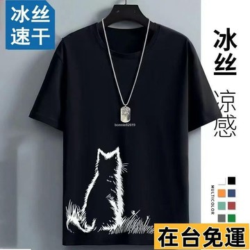 🔥台灣發出🔥 短袖上衣 冰絲上衣 新款冰絲短袖男士夏季透氣網眼大碼帥氣半袖寬松體恤衫體恤上衣服