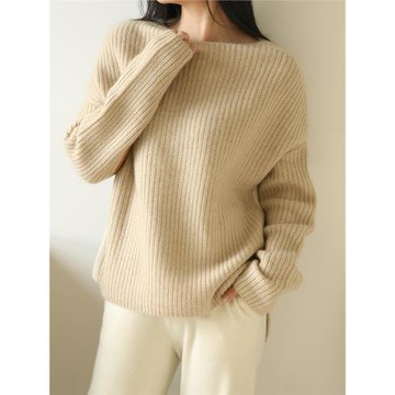 APCSHOP精選 新款保暖元寶針織毛衣女百搭慵懶風一字領套頭羊絨衫