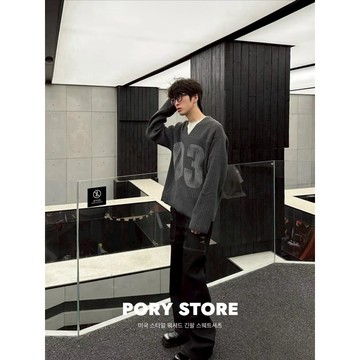 【PORY STORE】 韓系街頭V領針織毛衣 實拍 落肩 寬鬆 復古 長袖 毛衣 針織上衣 男生毛衣