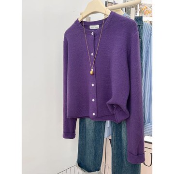 韓系紫色軟糯針織開衫女秋冬外穿高級感小個子毛衣外套氣質短上衣