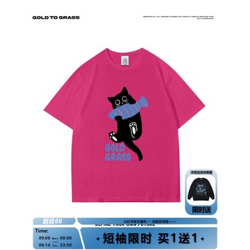 GTG原創美式復古火龍果小貓印花圓領短袖T恤男寬松情侶潮牌半袖