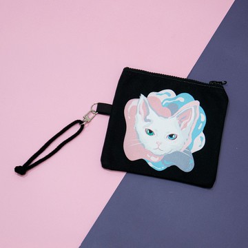 貓咪插畫帆布小袋黑色-卷毛貓