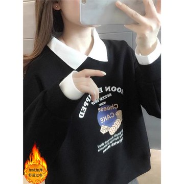 春秋季2025年新款假兩件女士衛衣上衣冬裝加絨polo領時尚洋氣爆款