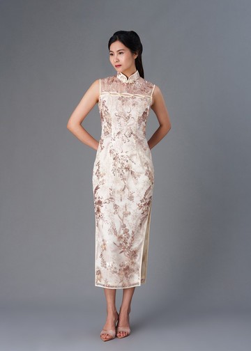 蕾絲亮片鏤空旗袍 (香檳色) |香港設計|古典|氣質