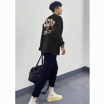 秋冬款100%純棉長袖T恤美式高街歐美風印花寬鬆潮流外穿上衣男